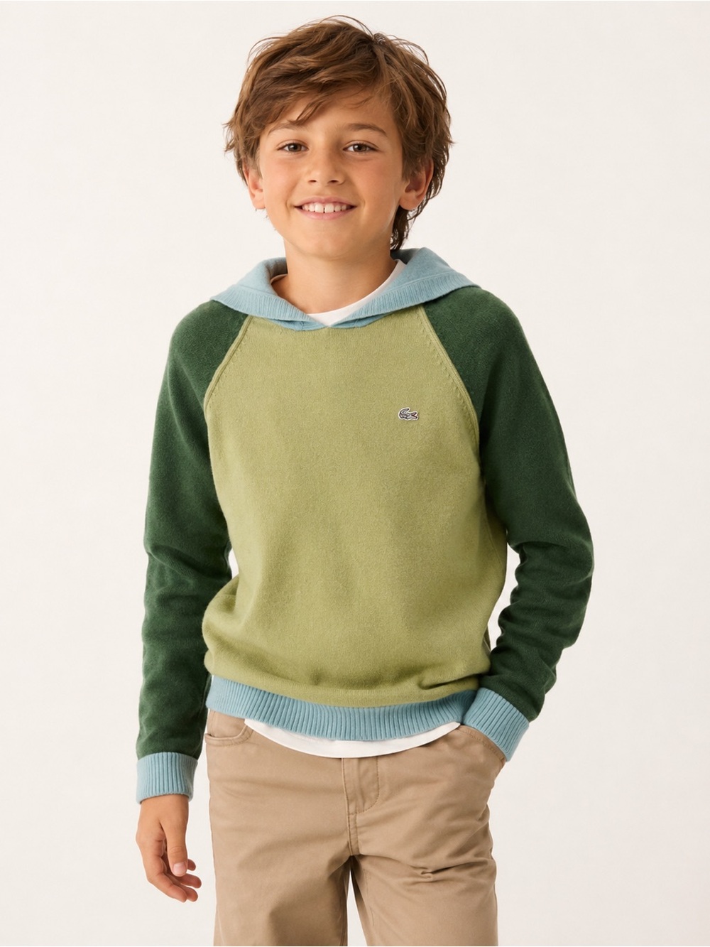 Lacoste Kids 100% Cashmere Colorblock Sweater Youth XL 16 Green Blue Crocodile